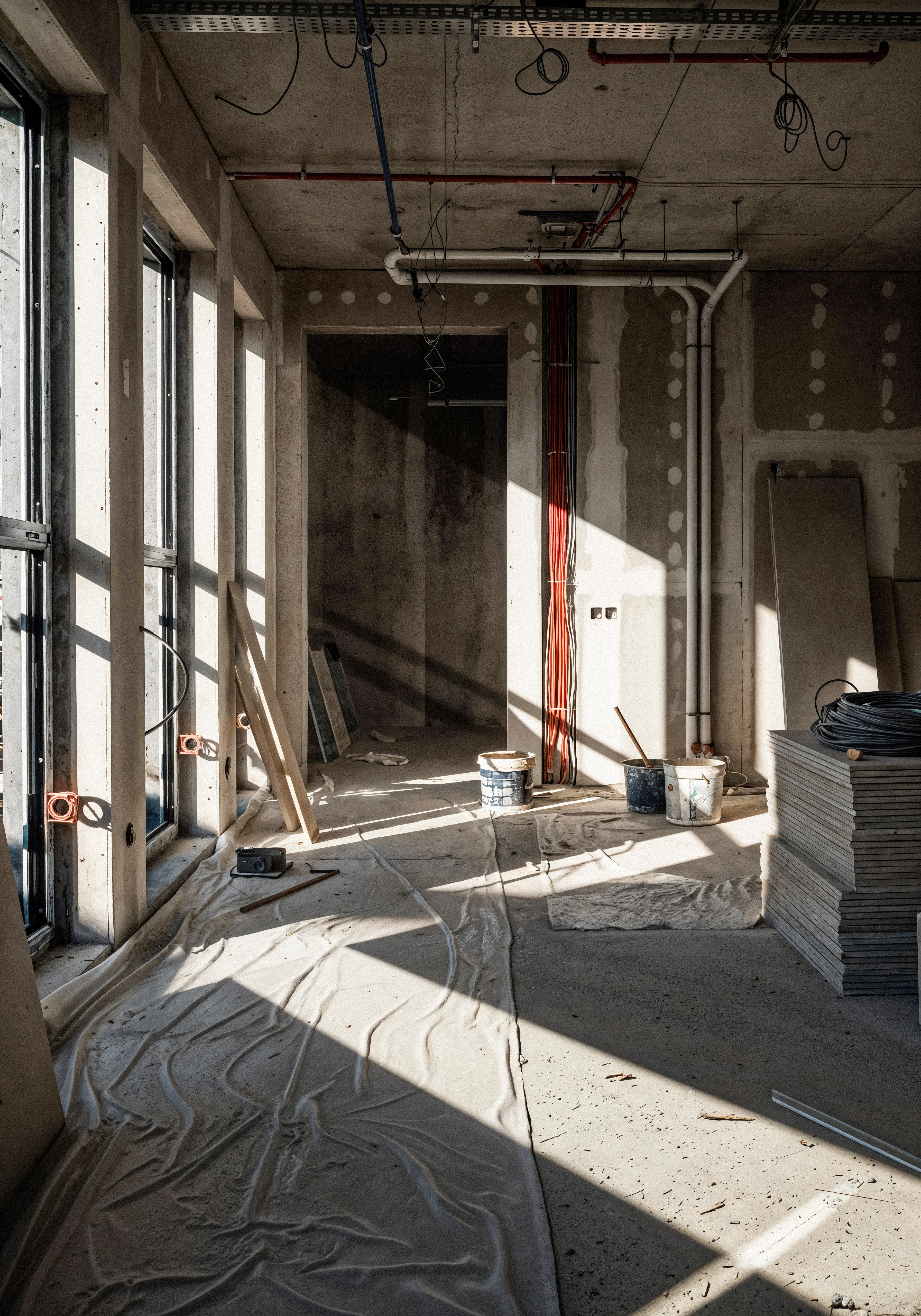 Interior de um imóvel em reforma, com paredes e teto ainda sem acabamento. Tubulações, fios e instalações elétricas estão aparentes. Há placas de revestimento empilhadas à direita, baldes e materiais de obra espalhados pelo am“Interior de um imóvel em reforma, com paredes e teto ainda sem acabamento. Tubulações, fios e instalações elétricas estão aparentes. Há placas de revestimento empilhadas à direita, baldes e materiais de obra espalhados pelo ambiente. Grandes janelas à esquerda permitem a entrada de luz natural, formando sombras no piso.biente. Grandes janelas à esquerda permitem a entrada de luz natural, formando sombras no piso.